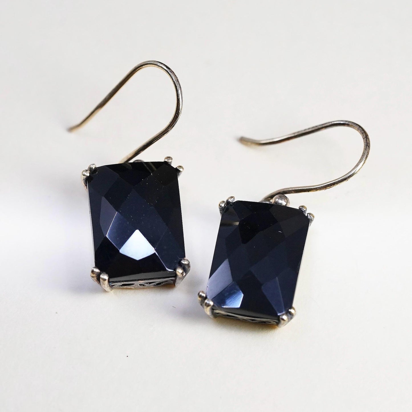 Vintage vermeil gold plated sterling 925 silver earrings checkerboard cut onyx