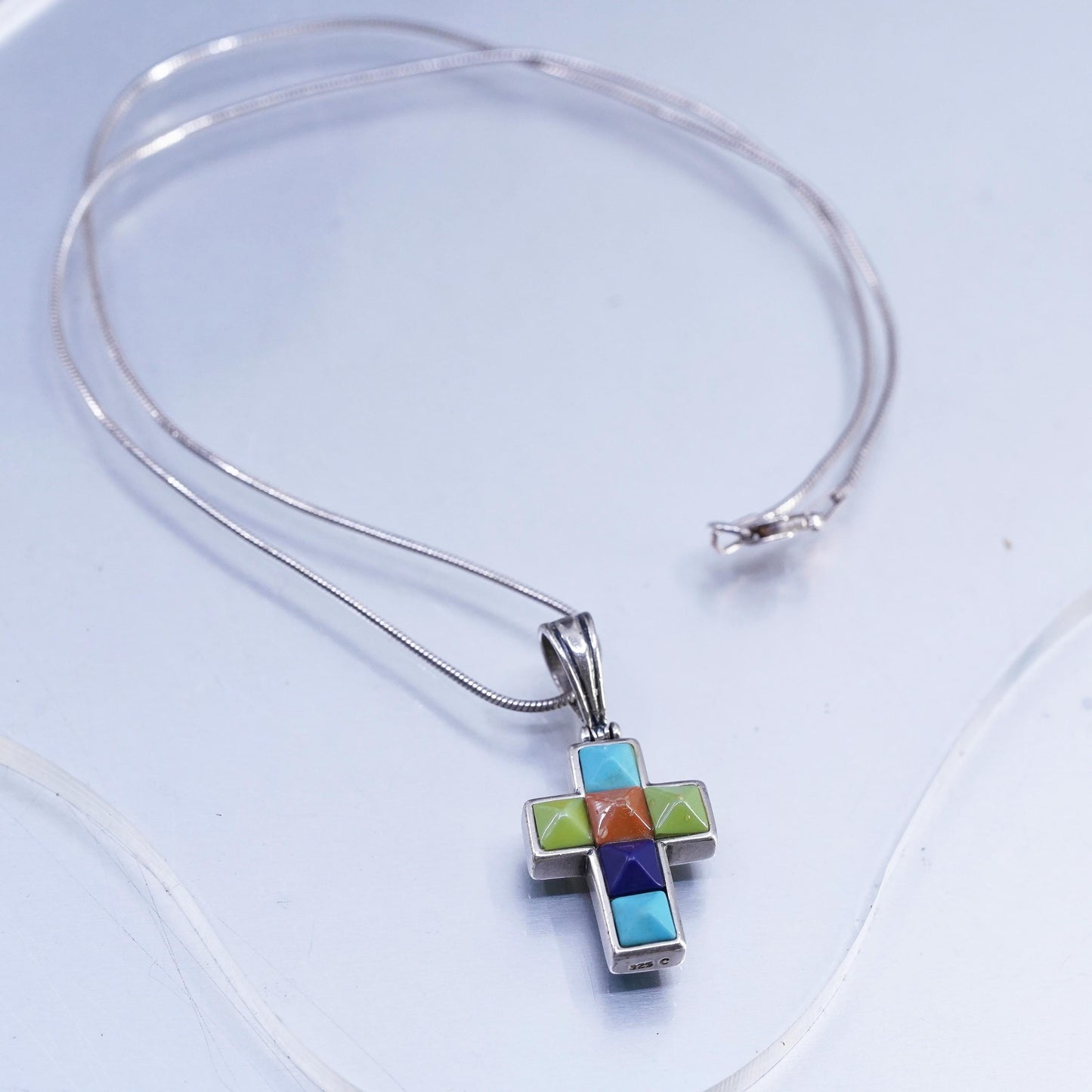 16", vintage Sterling 925 silver snake chain necklace turquoise cross pendant