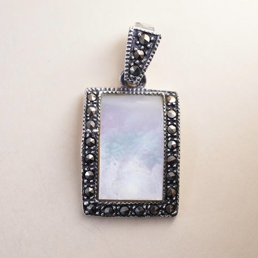 Vintage sterling 925 silver handmade heart pendant mother of pearl marcasites