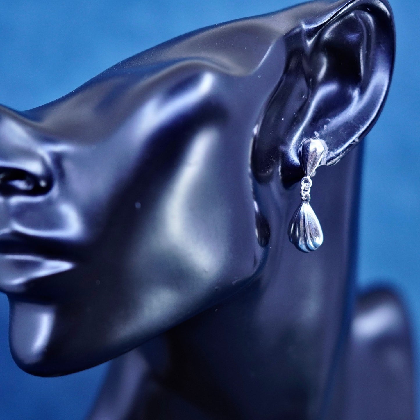 Vintage sterling silver handmade earrings, 925 ribbed teardrop drops
