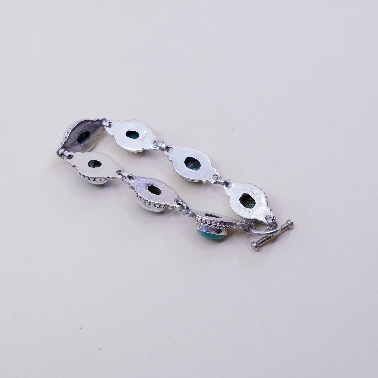 6.5”, vtg Mexico Sterling 925 silver handmade bracelet with turquoise and beads