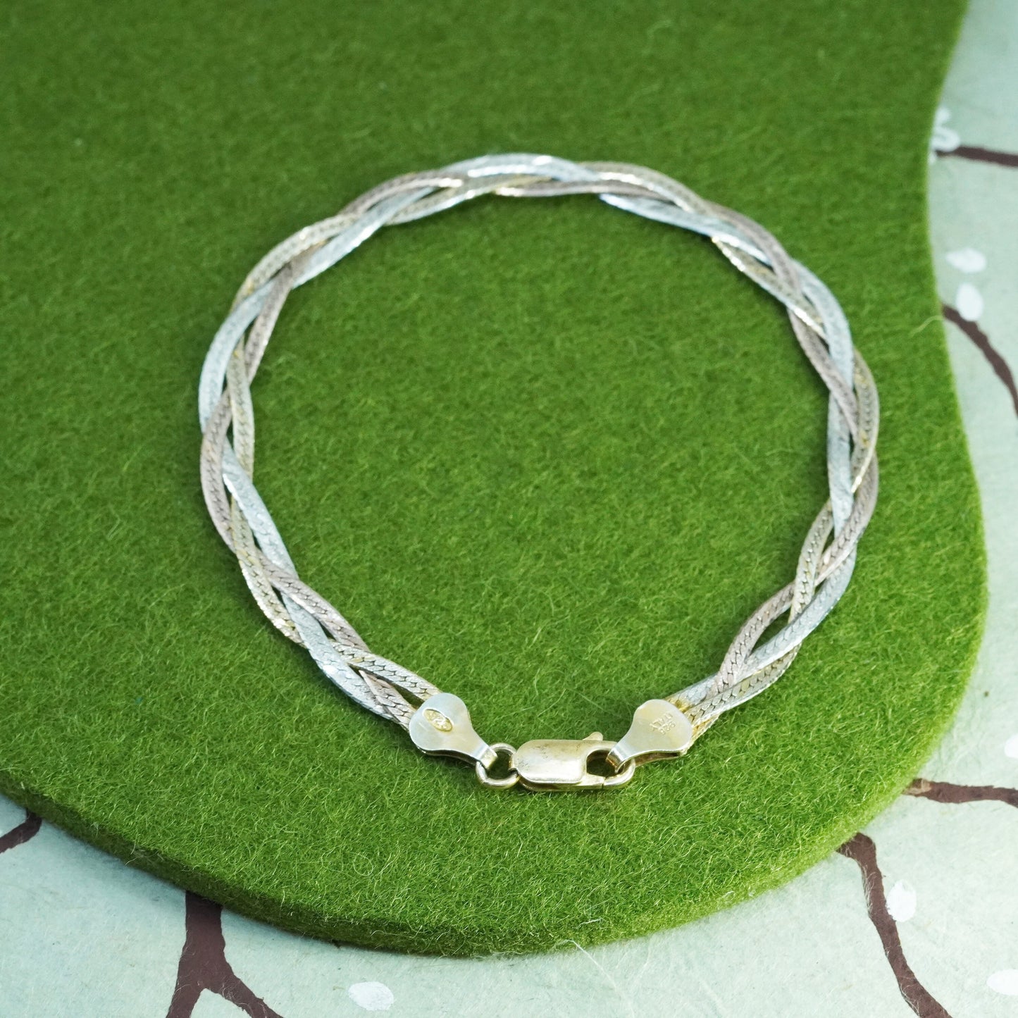 7.75”, vermeil gold over sterling silver bracelet, 925 woven herringbone chain