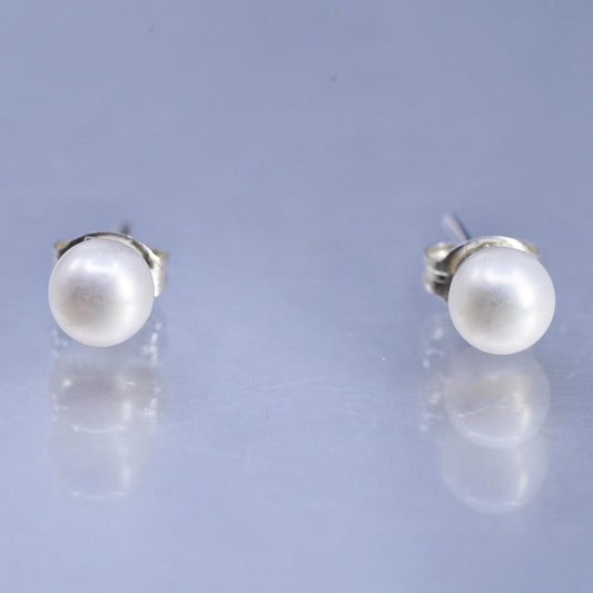 5mm, Vintage Sterling 925 silver handmade earrings, studs with pearl