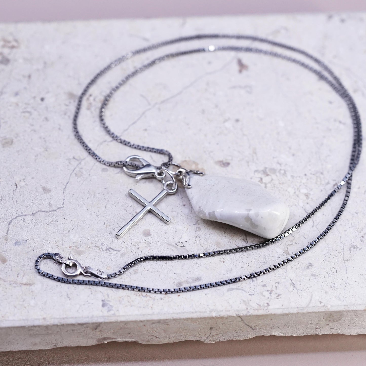 20", sterling 925 silver box chain necklace white quartz cross charm