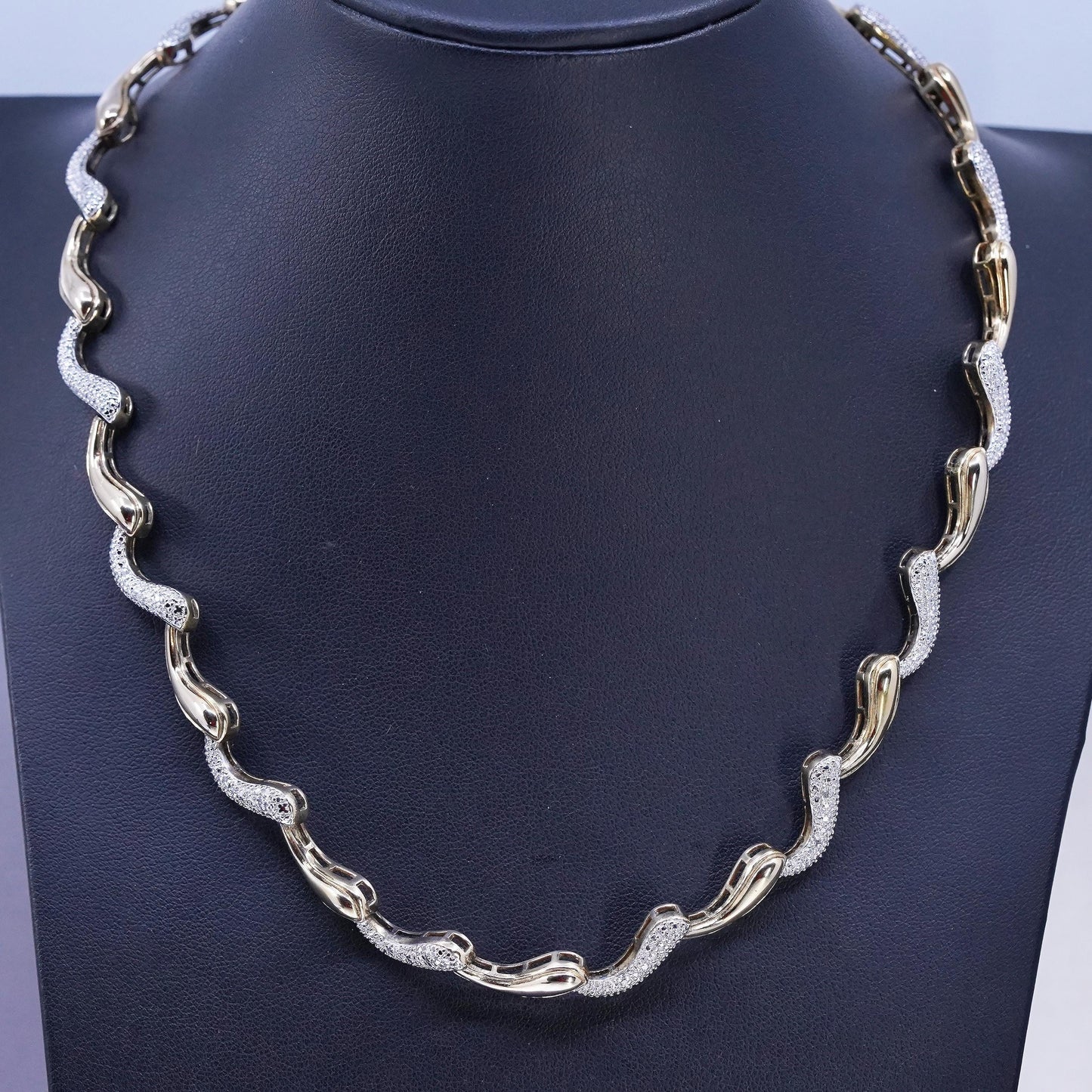 18", vermeil gold over Sterling 925 silver wavy tennis necklace cluster diamond