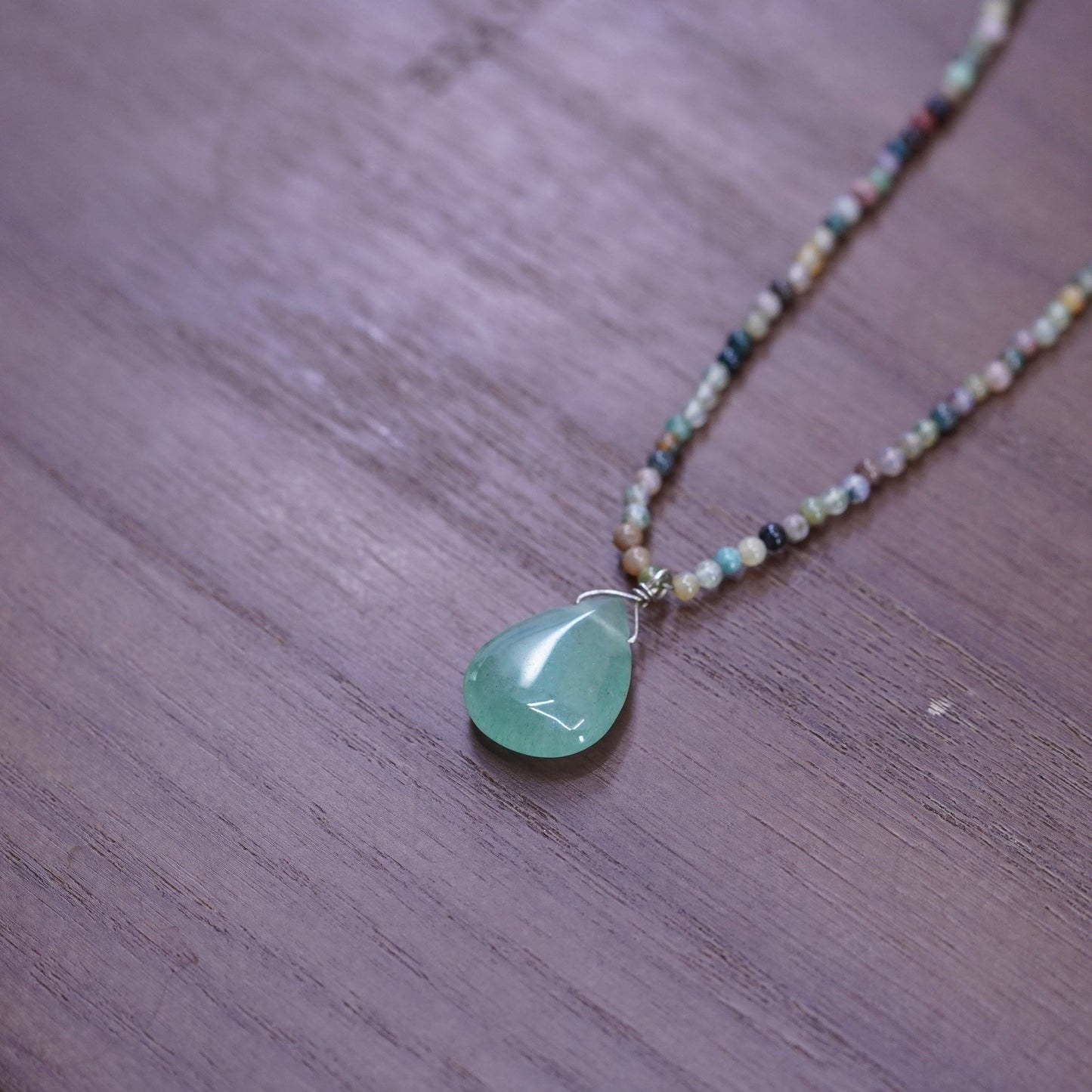 18+2”, Sterling silver 925 handmade necklace, beads chain teardrop jade pendant