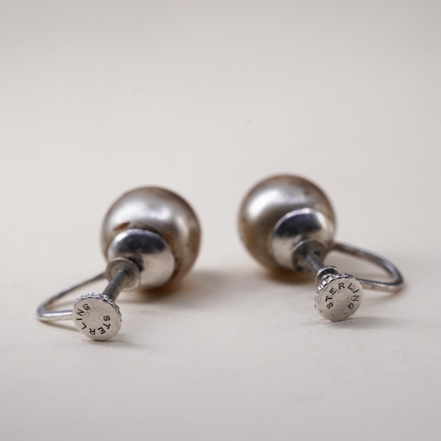 Vintage sterling 925 silver handmade earrings screw back with faux pearl