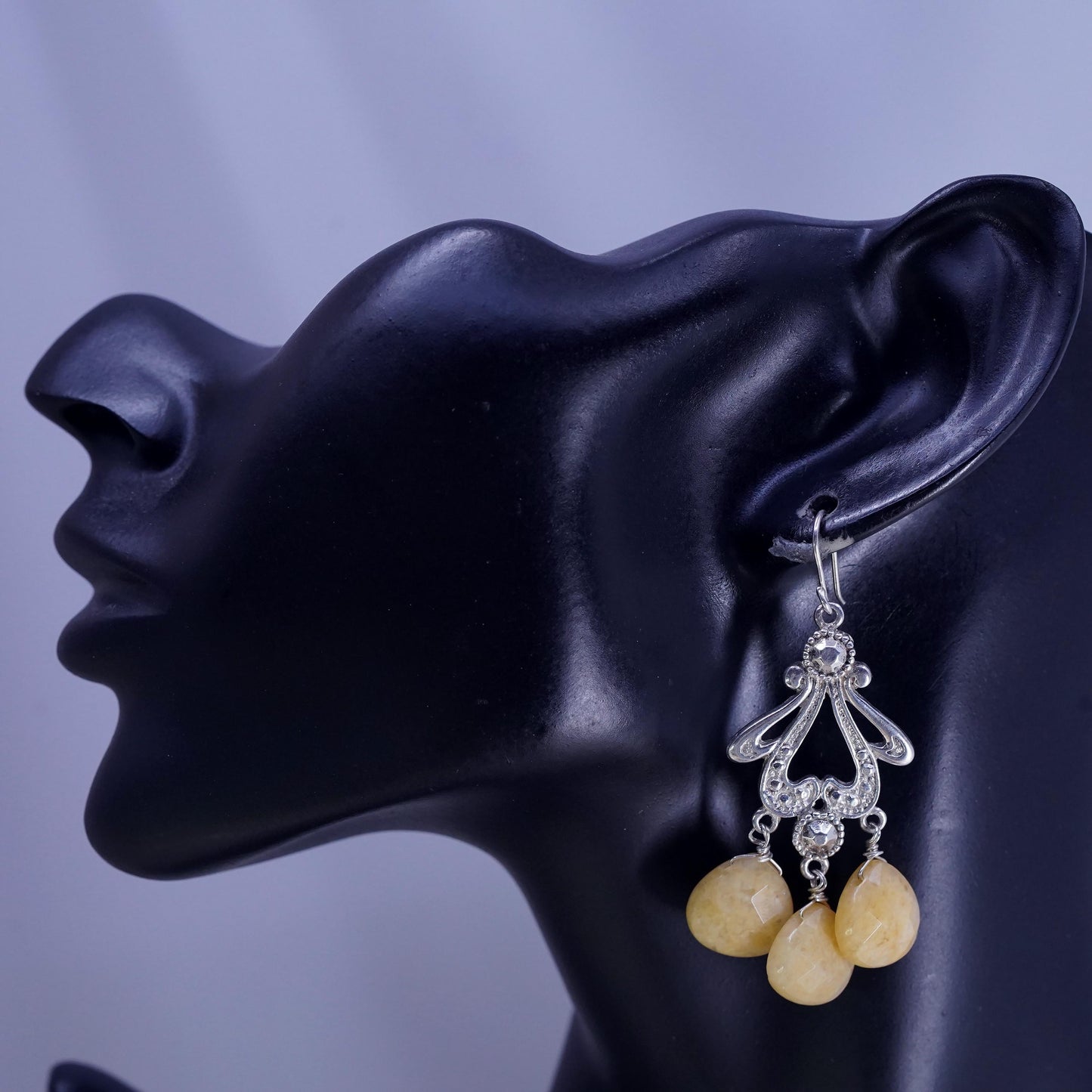 Vintage Sterling 925 silver handmade filigree earrings with teardrop citrine