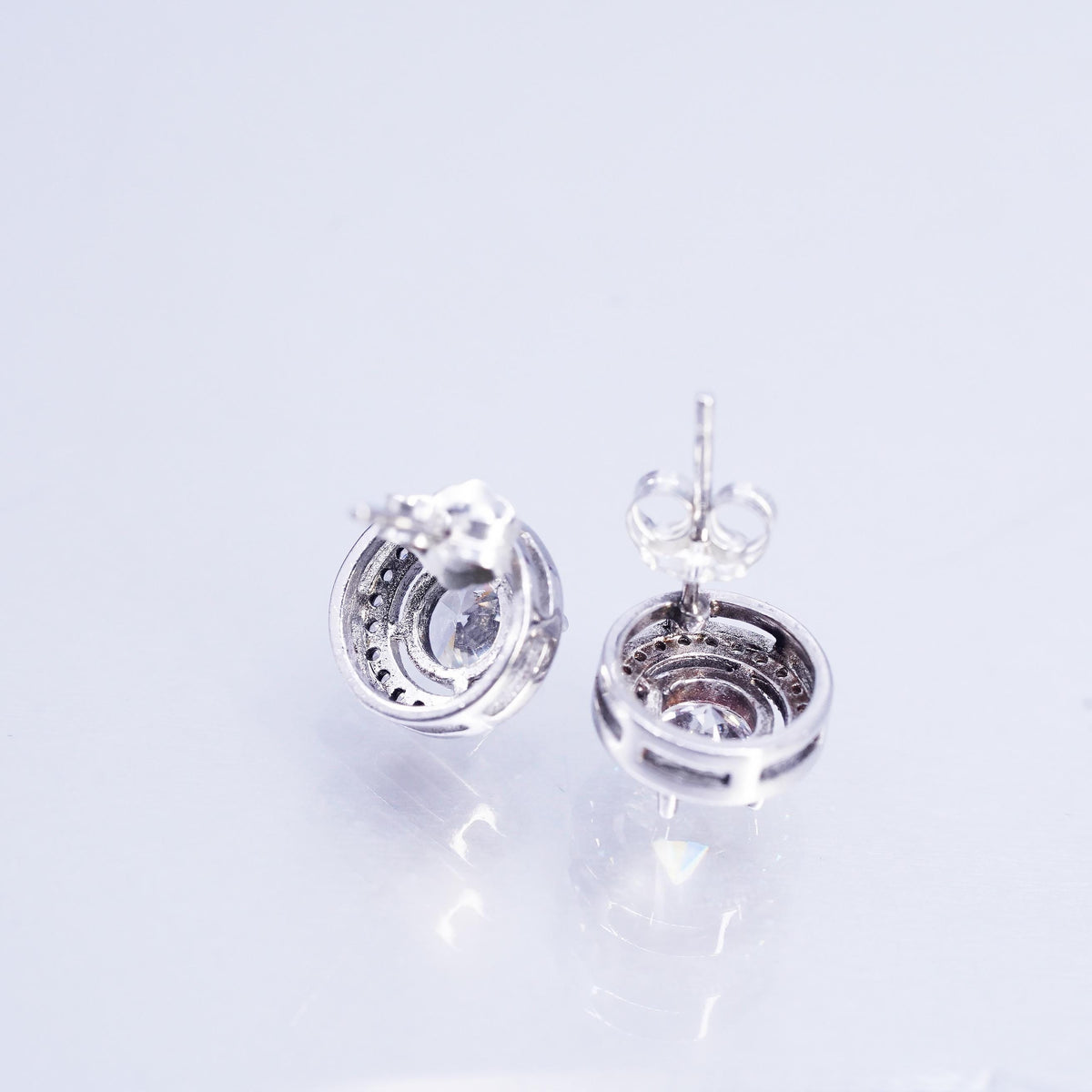 Vintage Sterling 925 silver handmade earrings, circle studs with cluster Cz