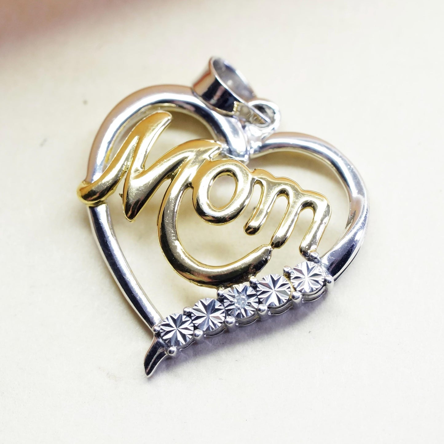 Vintage two tone Sterling 925 silver heart pendant with Mom diamond detailing