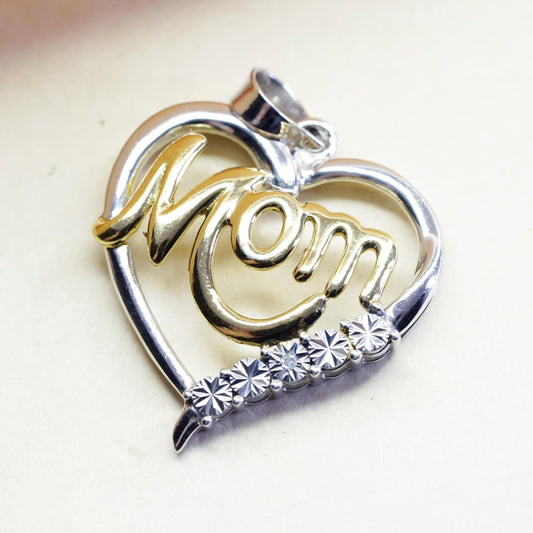 Vintage two tone Sterling 925 silver heart pendant with Mom diamond detailing