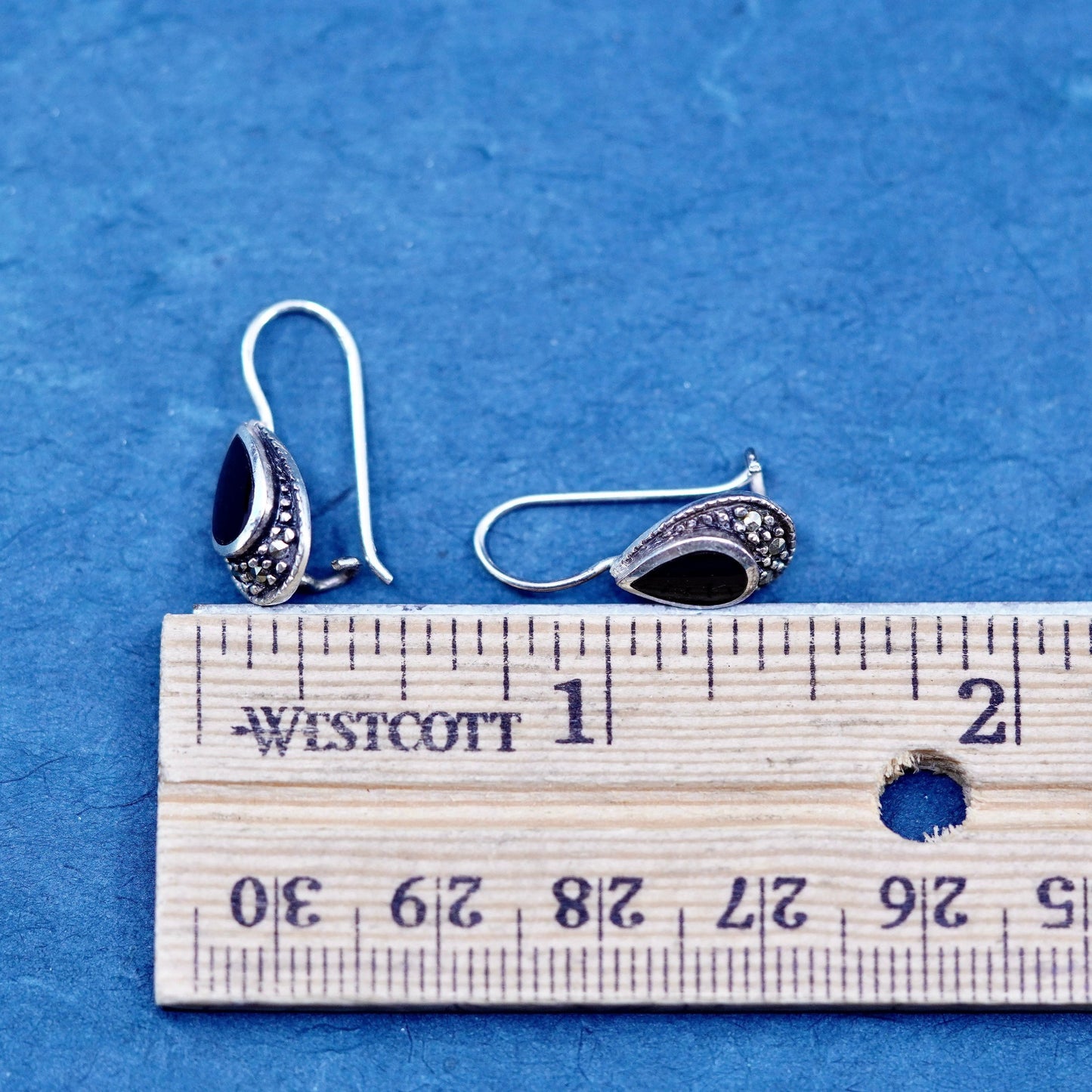 sterling 925 silver handmade teardrop earrings with obsidian and marcasite