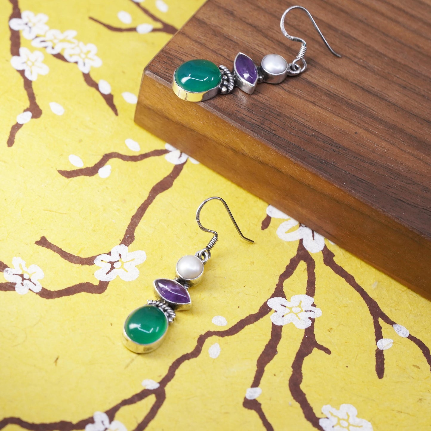 Vintage Sterling silver earrings, southwestern 925 dangles pearl jade amethyst