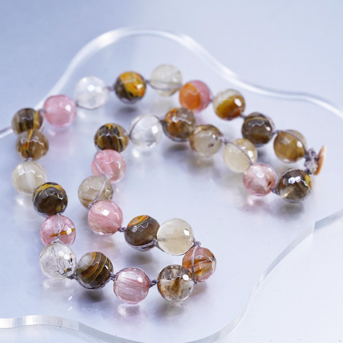16", Vintage handmade agate pink quartz handmade linens thread necklace