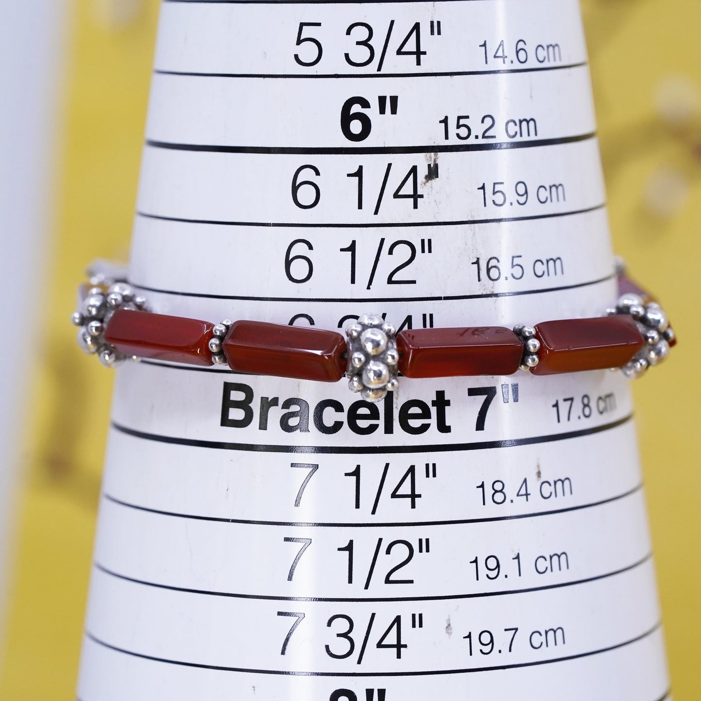 6.75”, Vintage sterling 925 silver handmade bracelet with carnelian tube beads