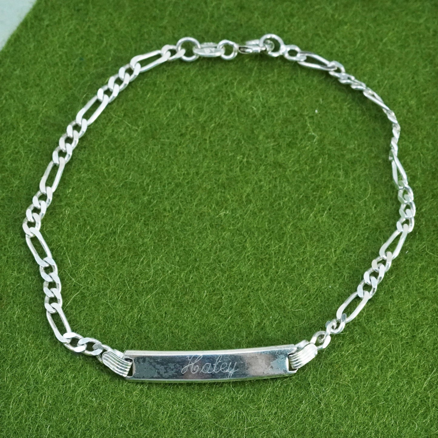 7” Sterling silver handmade bracelet, 925 figaro chain with name tag Haley