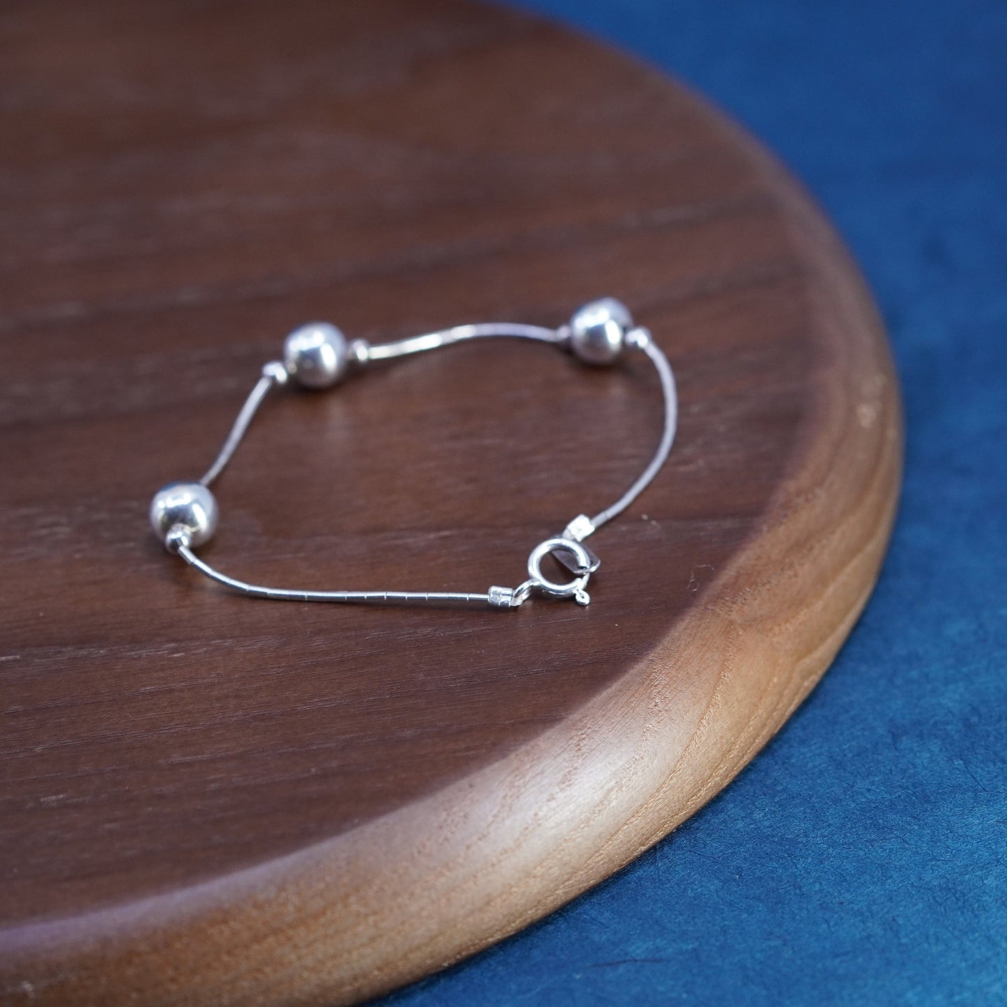 6.75”, vintage sterling handmade bracelet, 925 liquid silver chain with beads