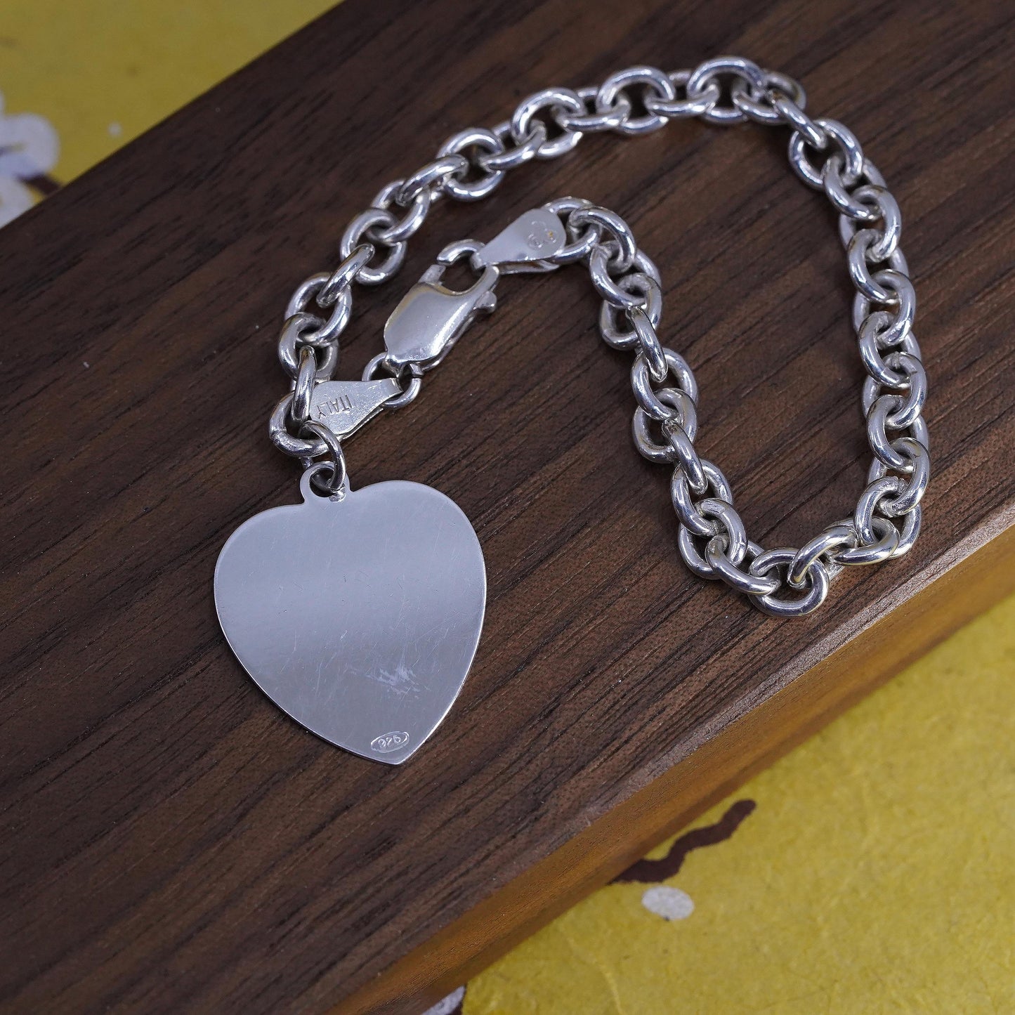 7”, Sterling silver bracelet, bold 925 circle chain with heart tag charm