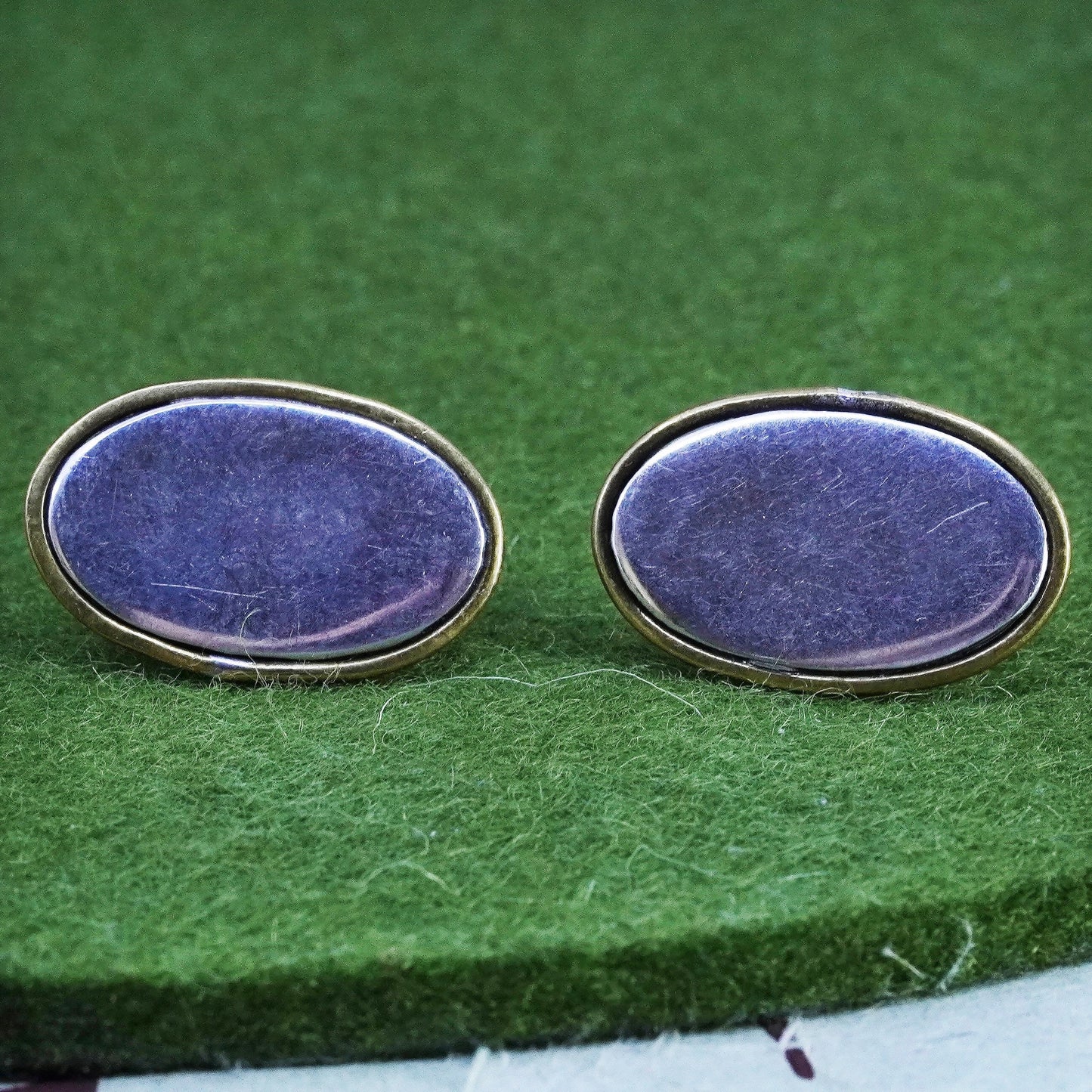 Vintage sterling silver oval studs, handmade 925 earrings with brass rope