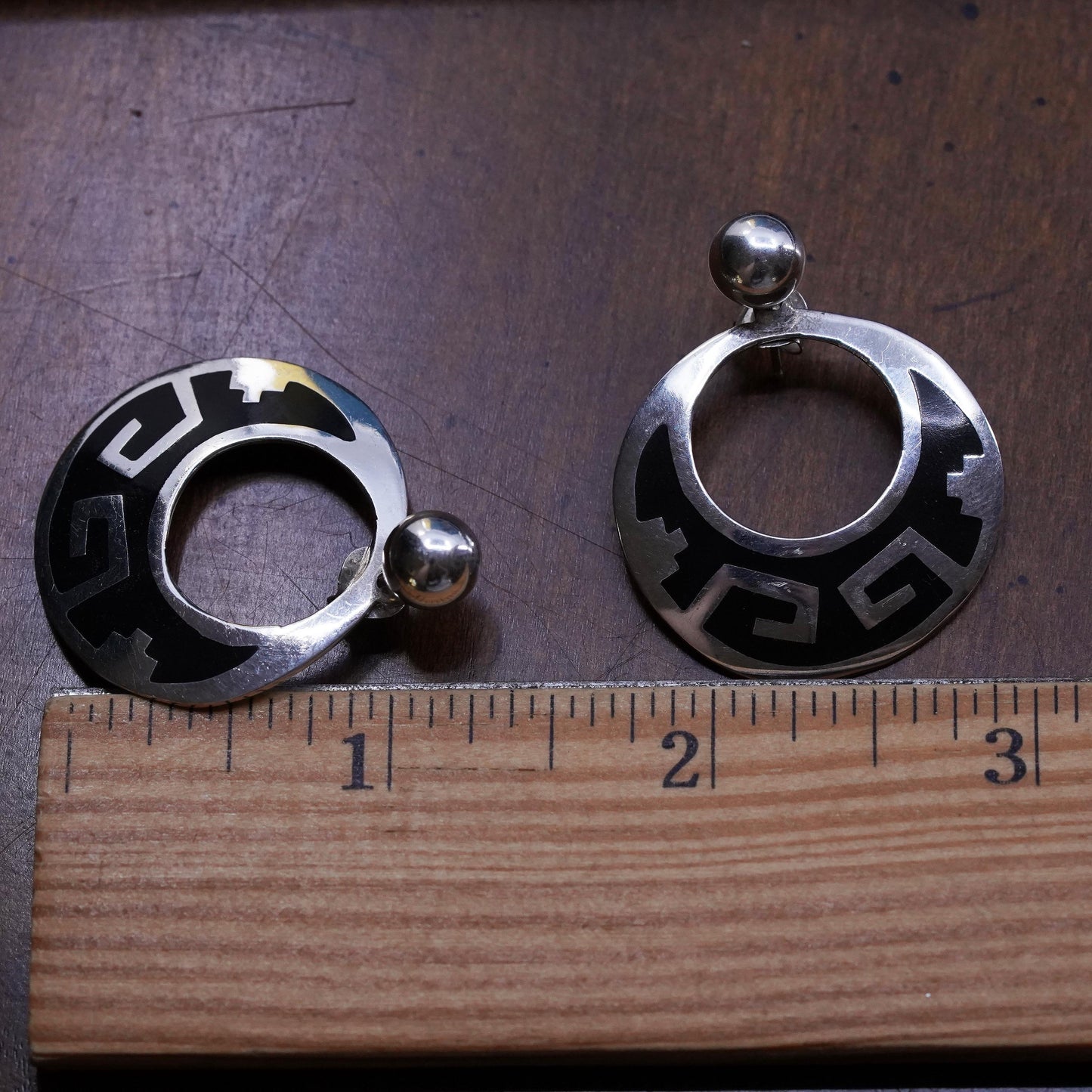 Vintage Mexican Sterling Silver Earrings. 925 circle dangles enamel Greek key