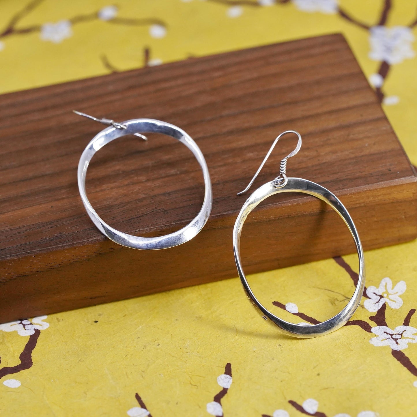 1.5", vintage Sterling silver handmade earrings, 925 oval twisted hoops