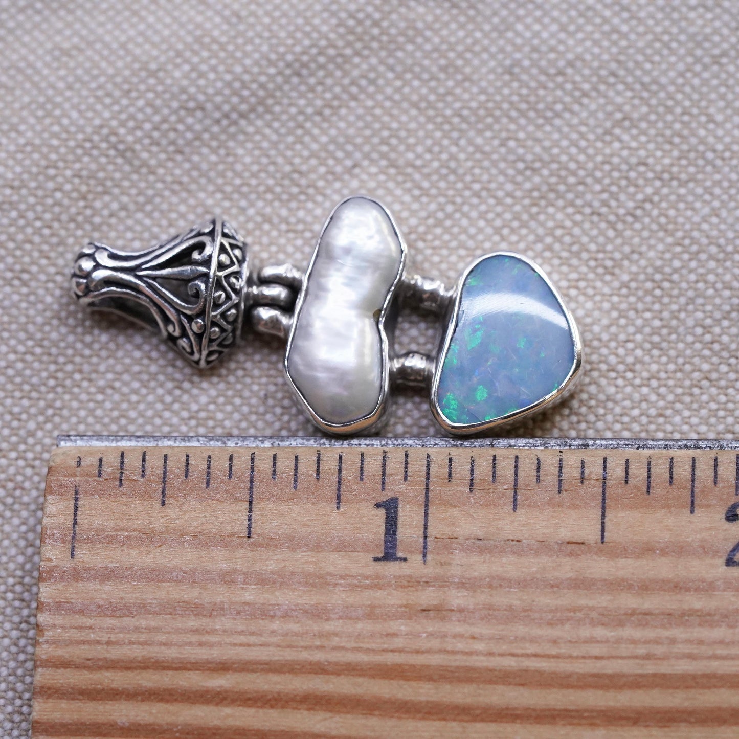 Vintage Sterling 925 silver handmade filigree pendant with fire opal and pearl