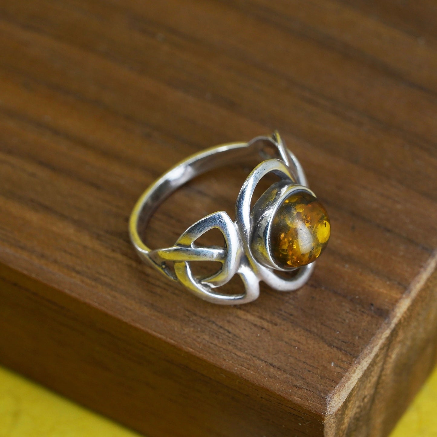 Size 6.25, Sterling 925 silver handmade Irish Celtic knot ring with round amber