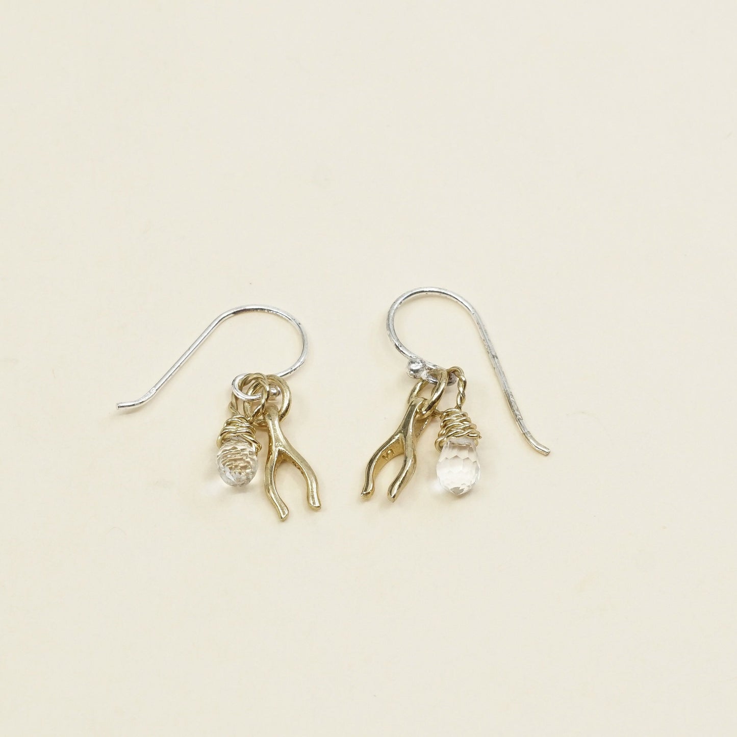 VTG two tone Sterling silver handmade earrings, 925 dangle W/ teardrop crystal