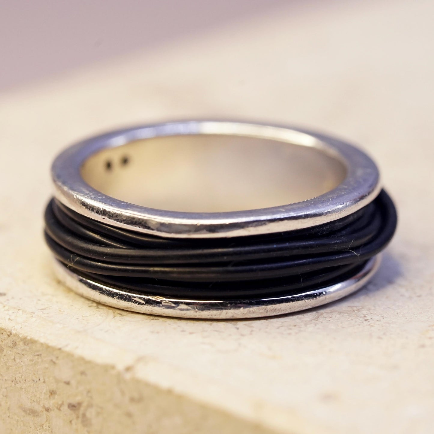 Size 7.25, vintage Italian sterling silver ring, 925 silver band black leather