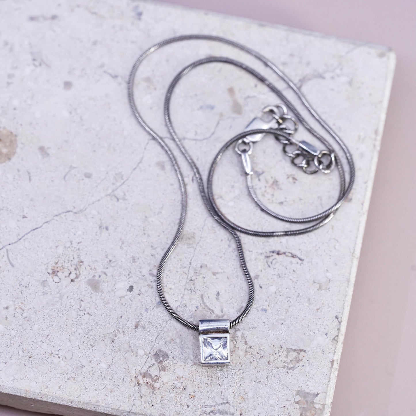 15+1", vintage Sterling silver necklace, 925 snake chain with square cz pendant