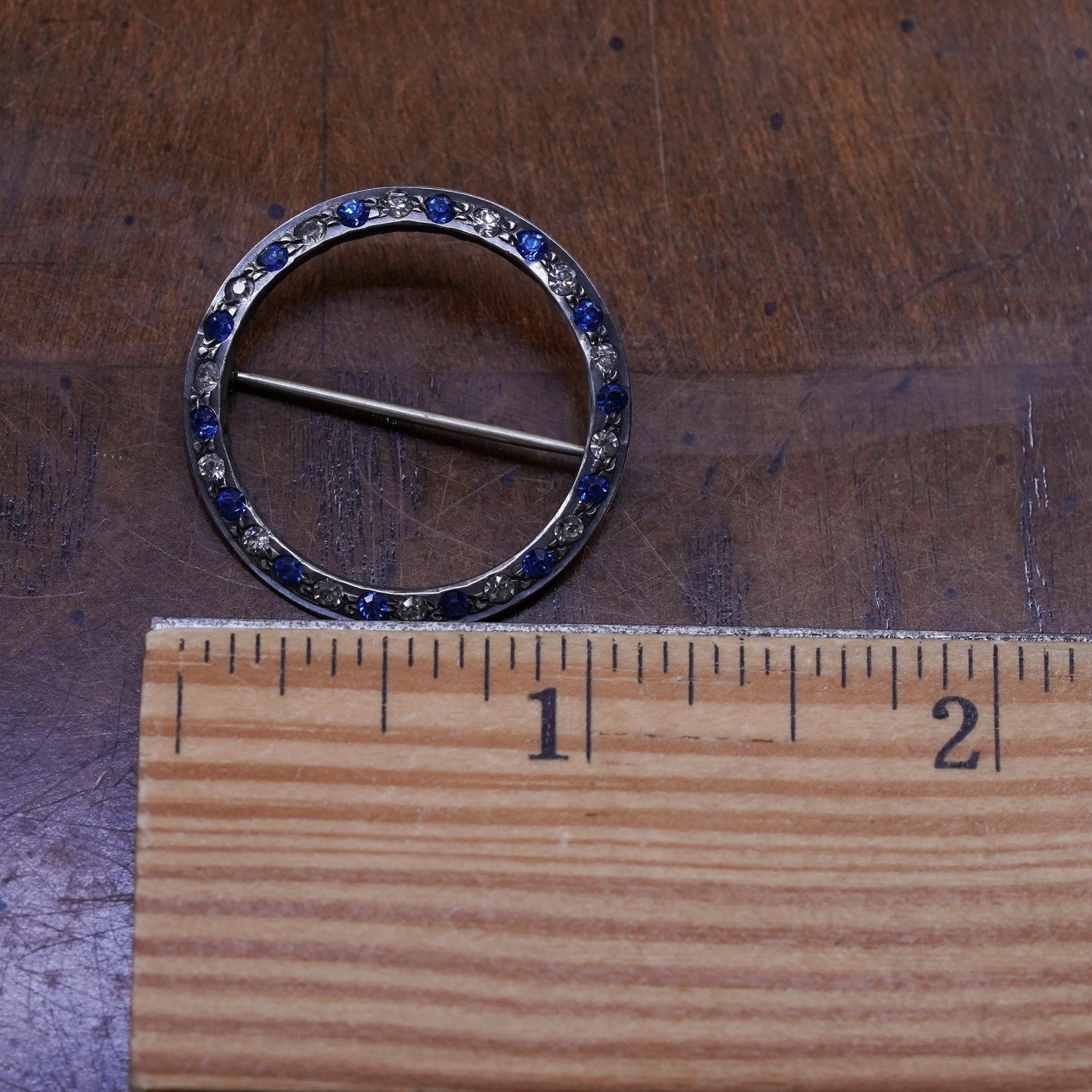 Vintage sterling 925 silver handmade circle brooch with crystal