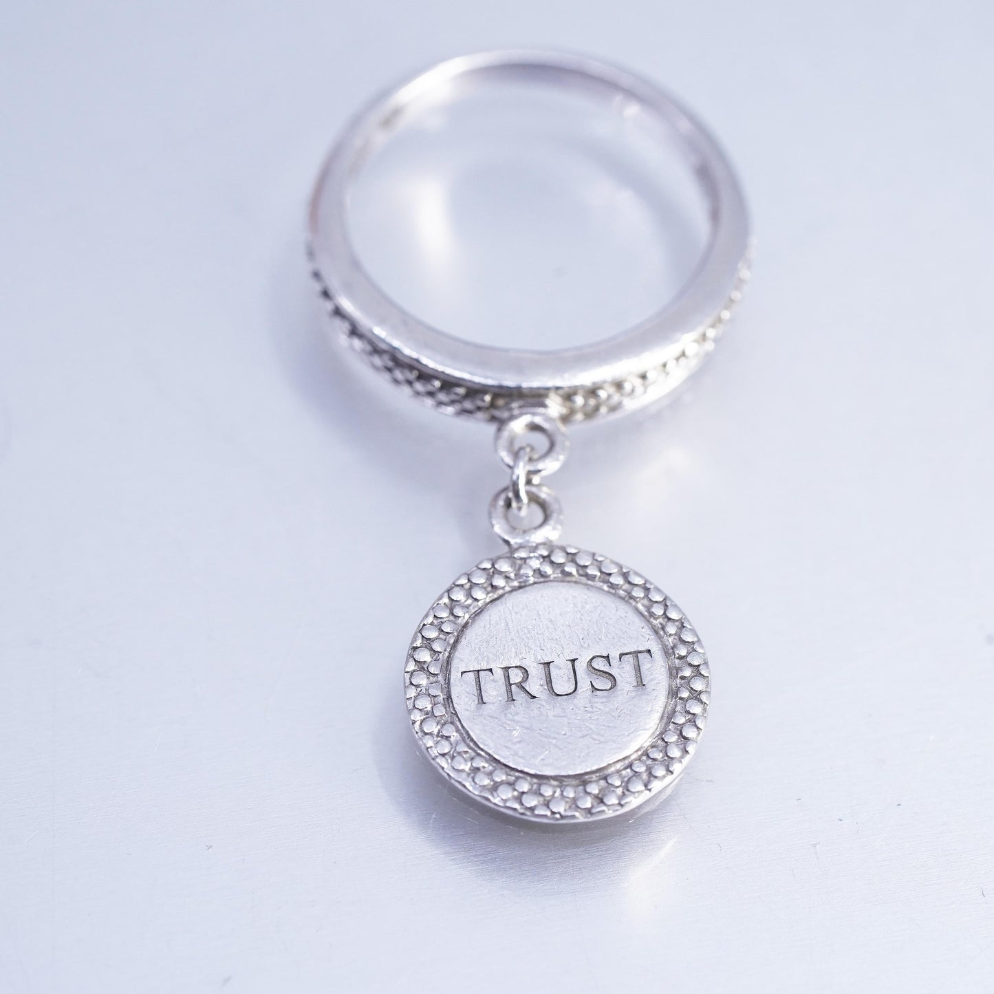 Size 7.25, Sterling 925 silver handmade ring tag charm embossed Trust diamond