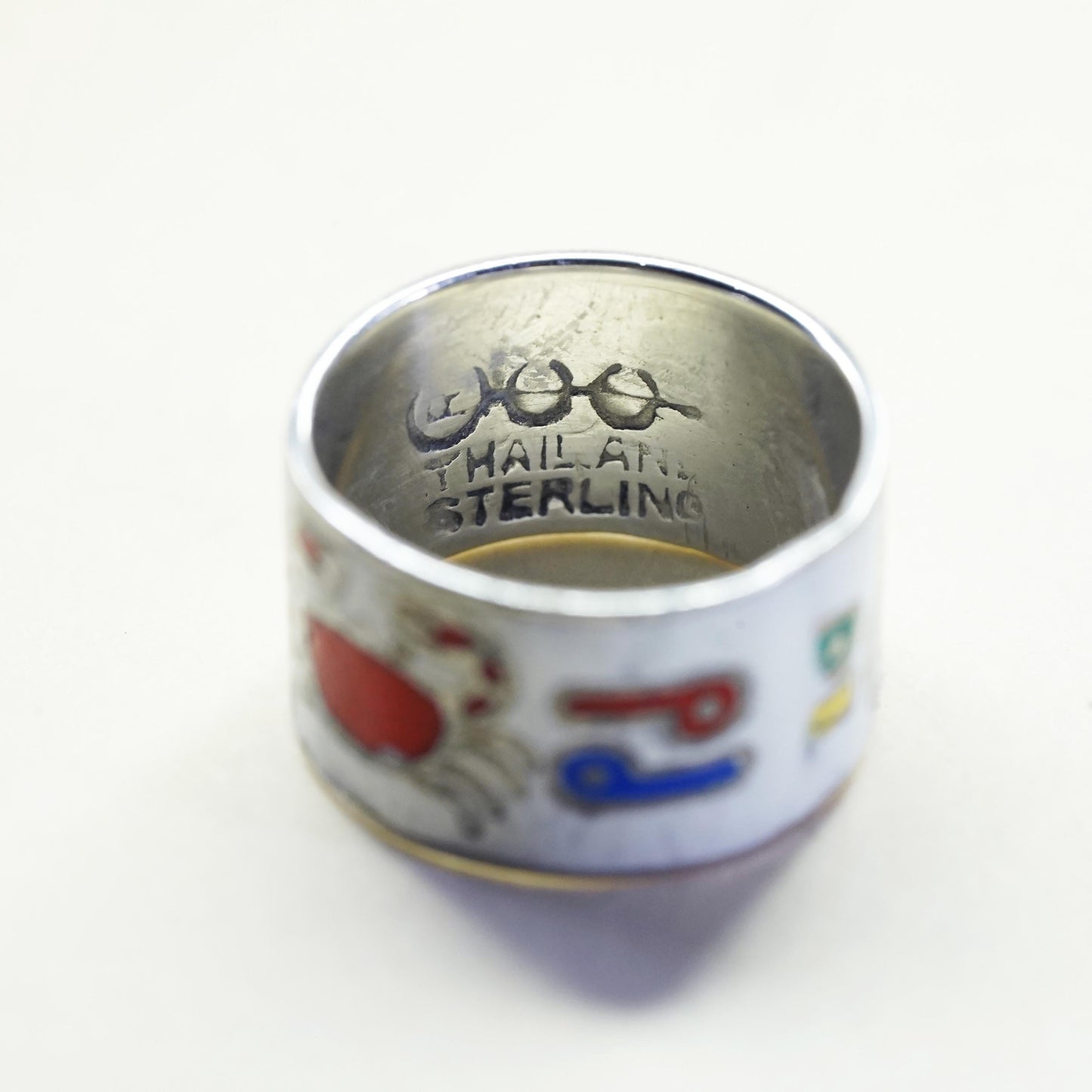 Size 4, vintage Sterling silver ring, 925 enamel tribal folk art statement band