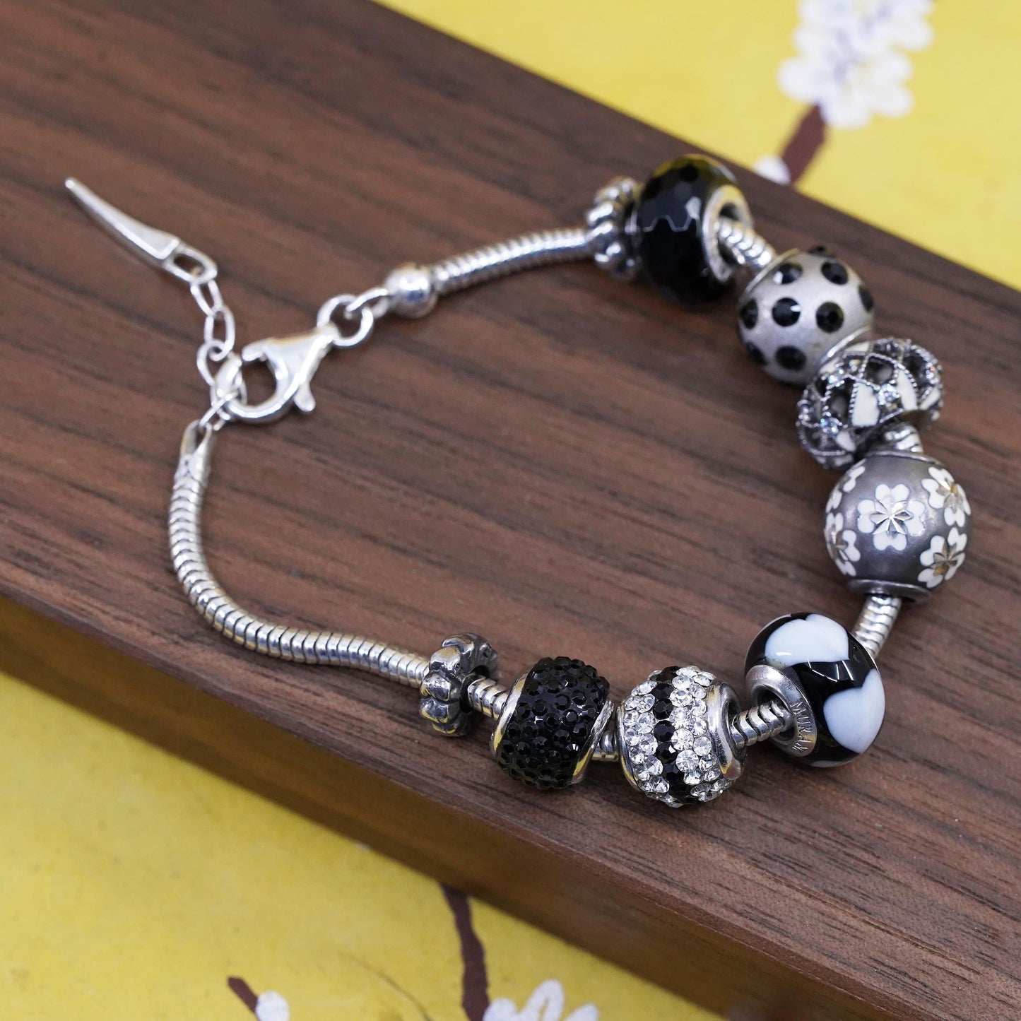 6.75”, Ralph Lauren sterling silver bracelet 925 snake chain glass floral charm