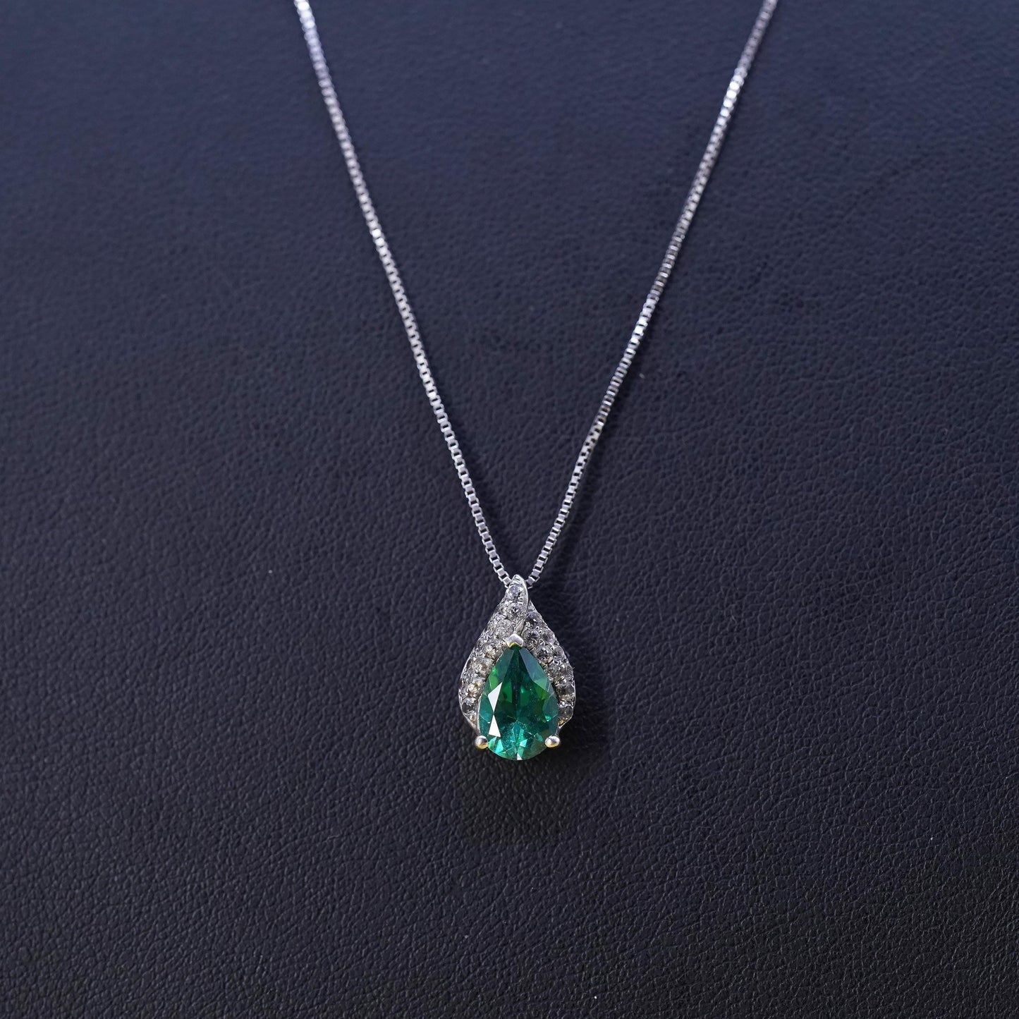 18+2” Sterling silver necklace, 925 box chain teardrop pendant cluster diamonds