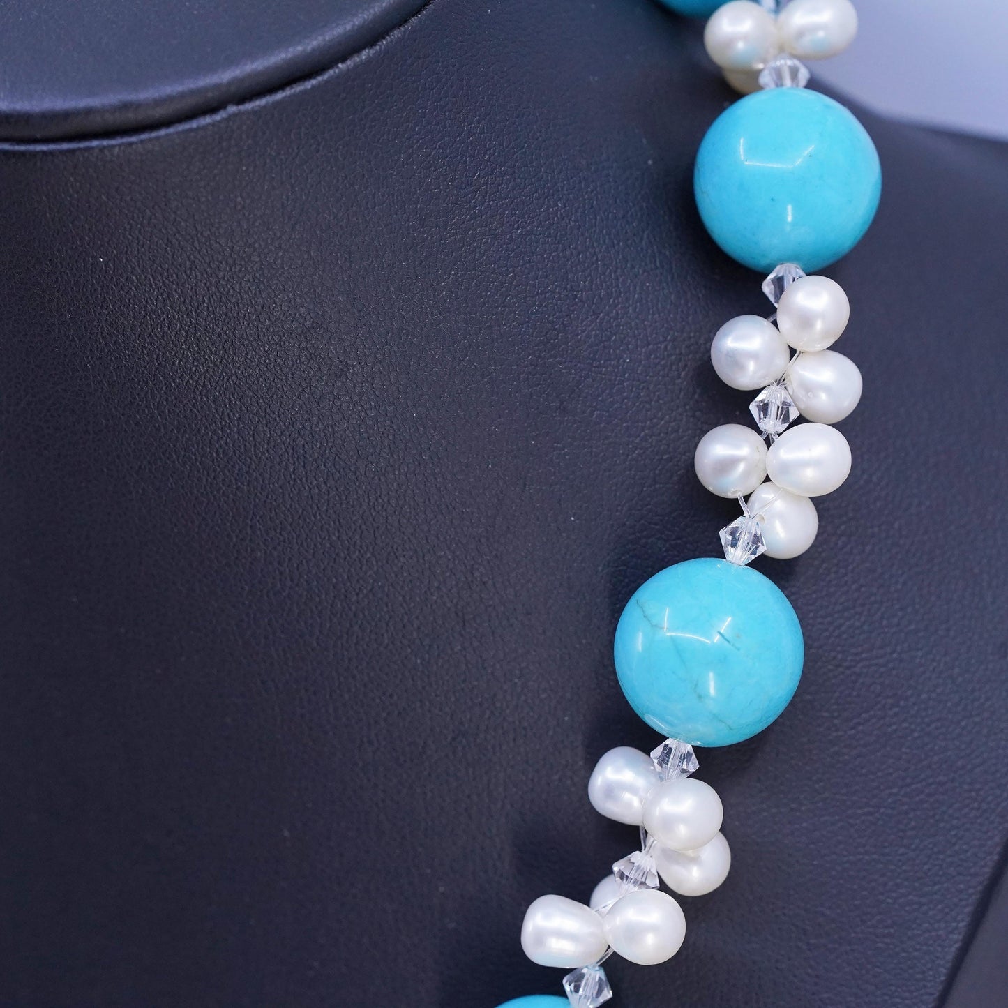 18+1.5", Sterling 925 silver necklace w/ freshwater pearl 15mm turquoise beads