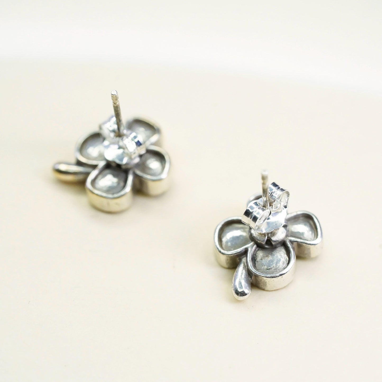 Vintage Sterling silver handmade earrings, 925 enamel lucky clover studs w/ cz
