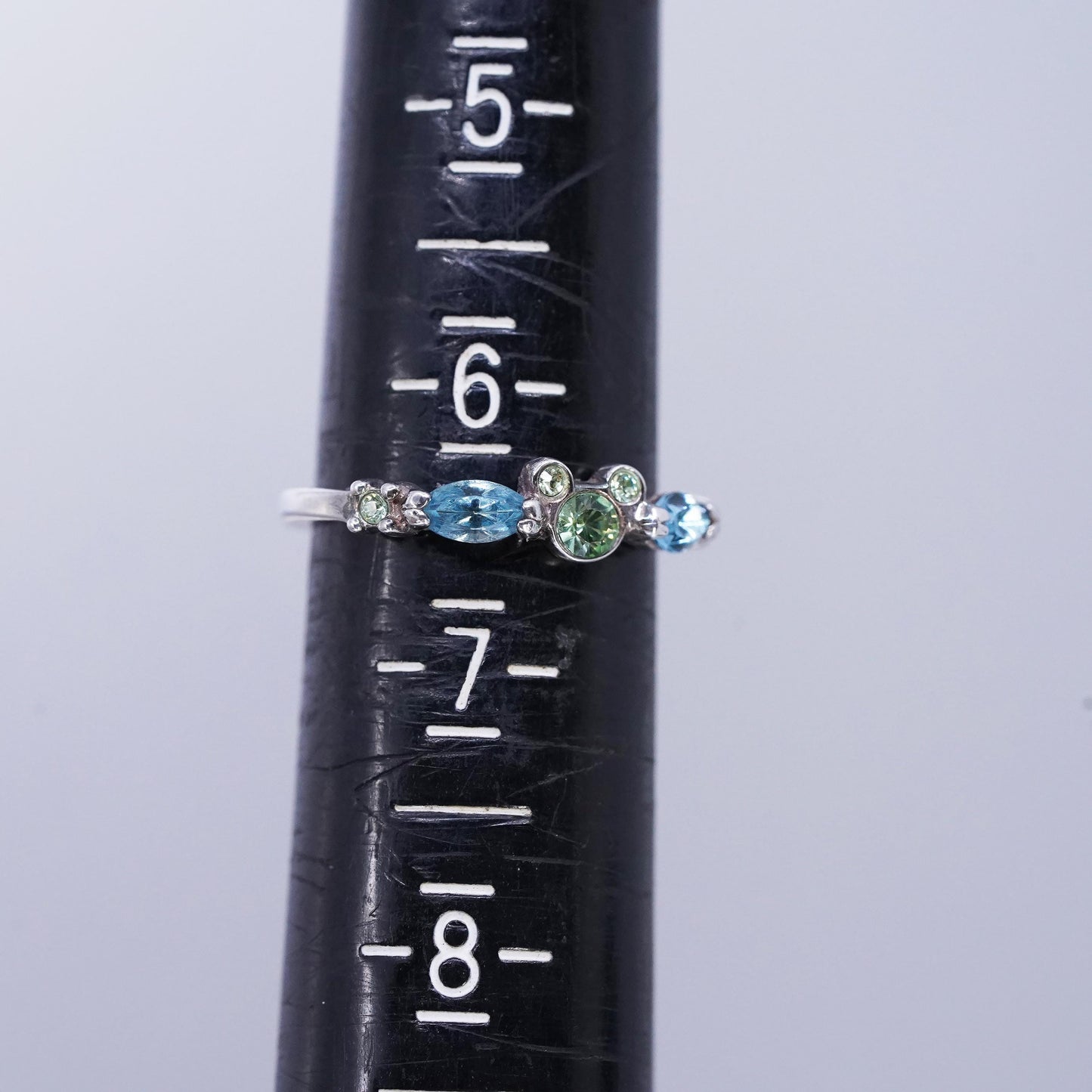 size 6.25, Disney Sterling Silver Ring 925 green blue crystal Mickey Mouse band