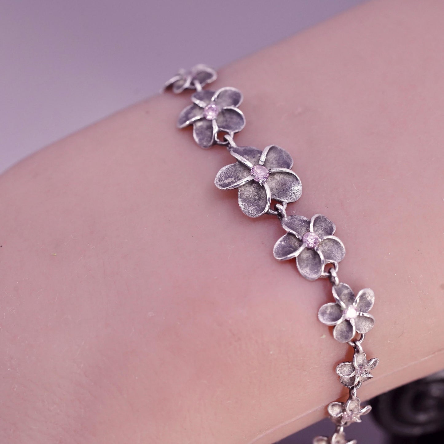 7.25", Sterling silver bracelet, solid 925 plumeria flower pink cz