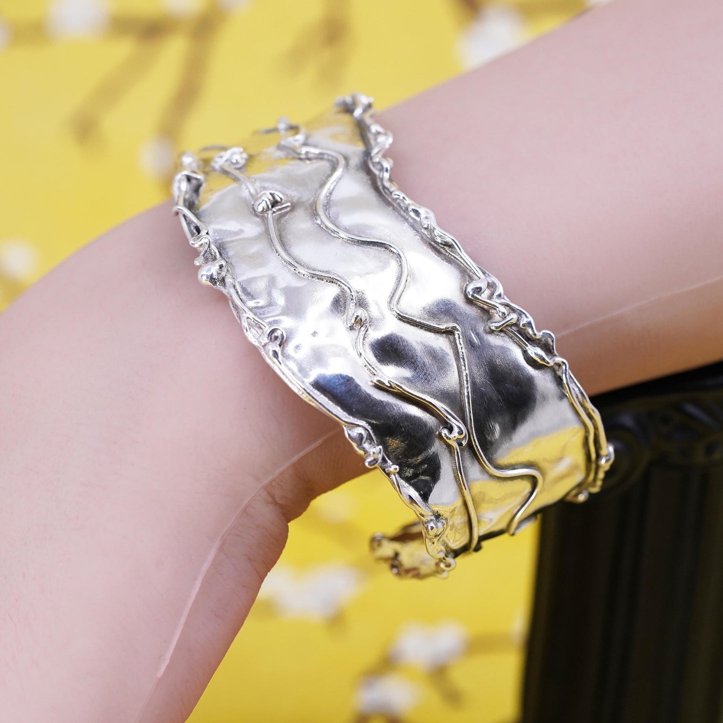 6.5", Vintage Sterling silver handmade bracelet, 925 wide cuff hammered texture