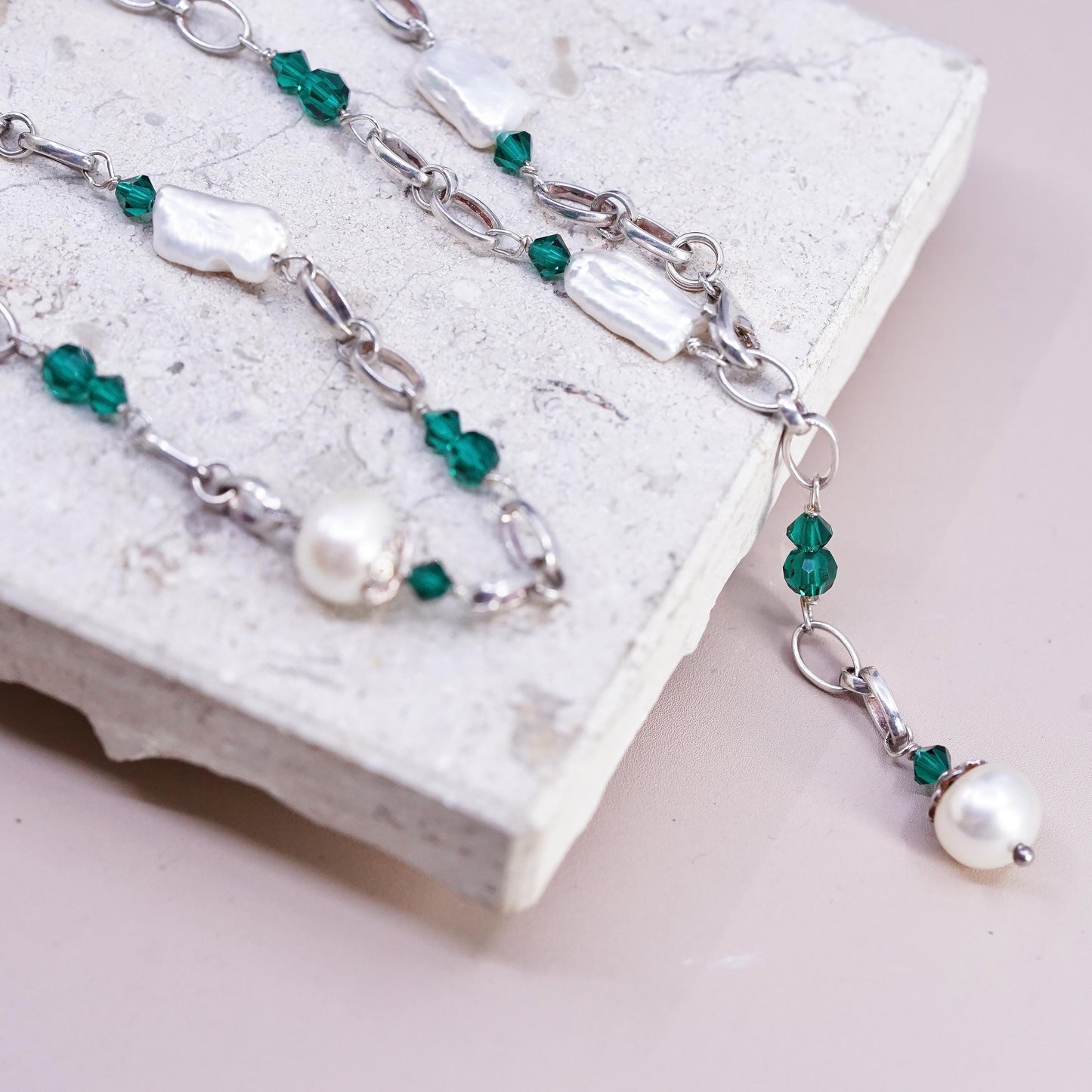 20" Sterling 925 silver necklace with freshwater pearl green crystal beads