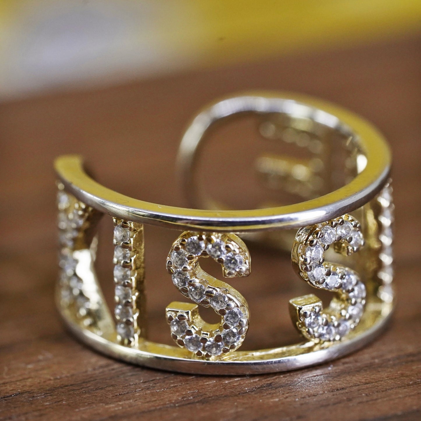 vintage vermeil gold over Sterling silver “Kiss Me” ring, 925 band cluster cz