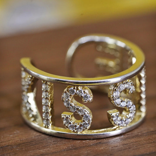 vintage vermeil gold over Sterling silver “Kiss Me” ring, 925 band cluster cz