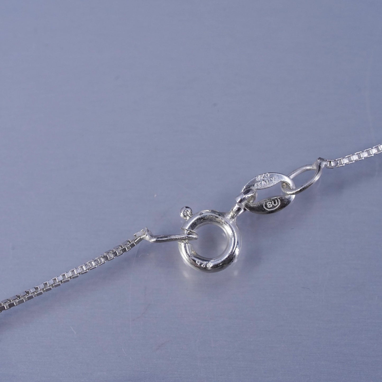 24” 1mm, vintage Italian Sterling 925 silver box chain necklace with beaded pendant and jade