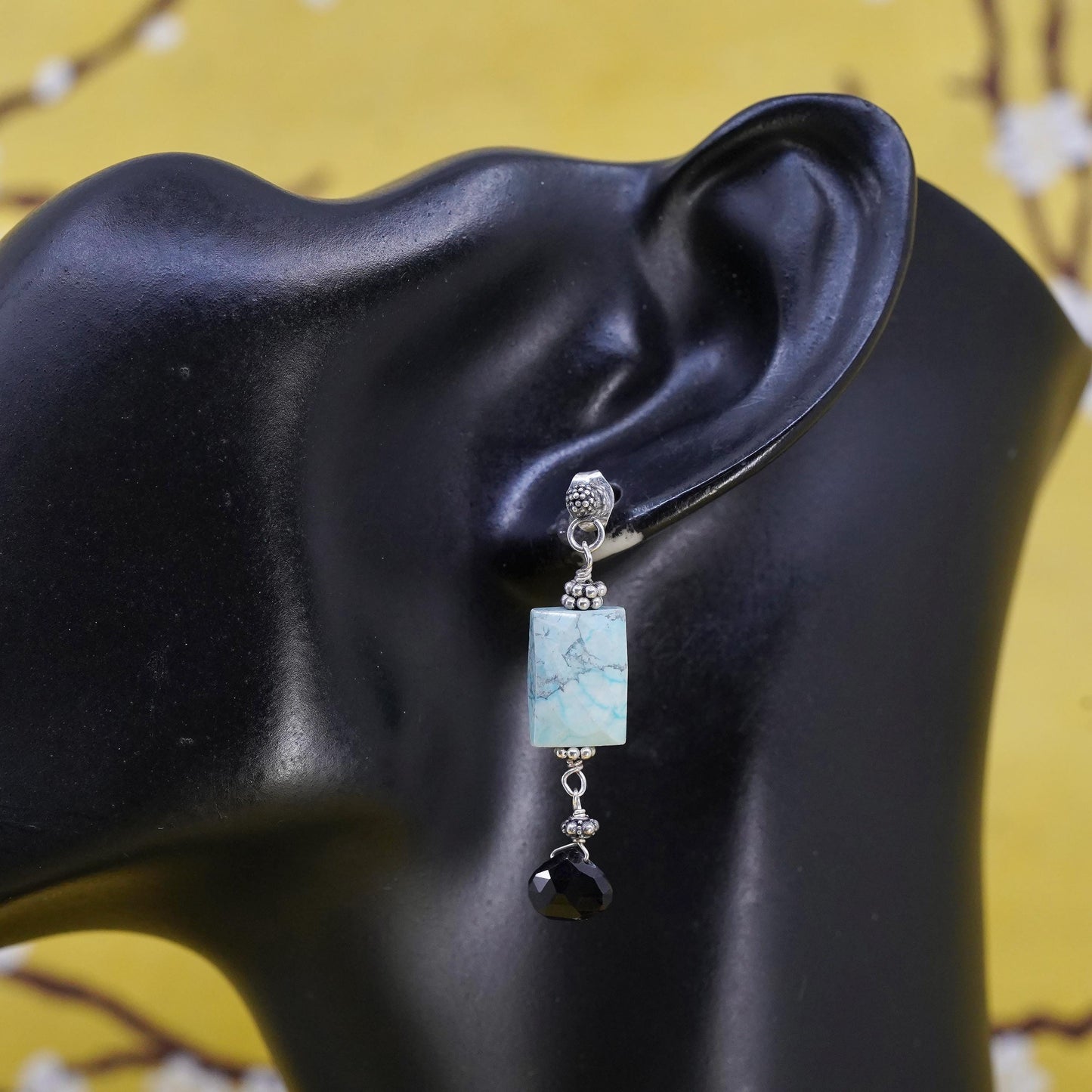 Southwestern Sterling 925 silver handmade earrings with turquoise and onyx