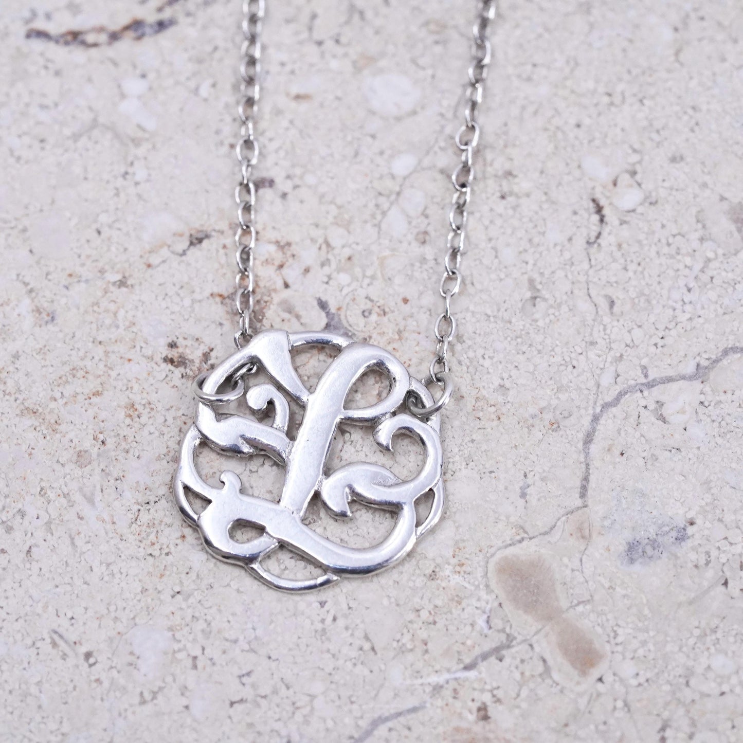 18", vintage Sterling silver necklace, 925 circle chain with letter L pendant