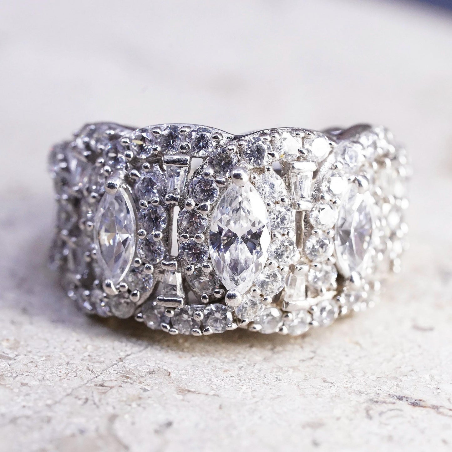 Size 8, Vintage 925 Sterling Silver CZ Marquise Cluster Ring Sparkling Cocktail