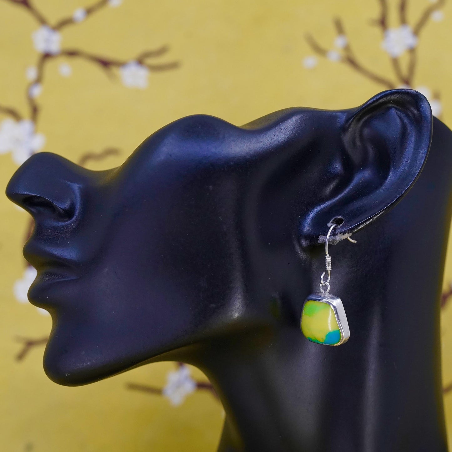 VTG Mexican sterling silver 925 handmade earrings green yellow artisan glass