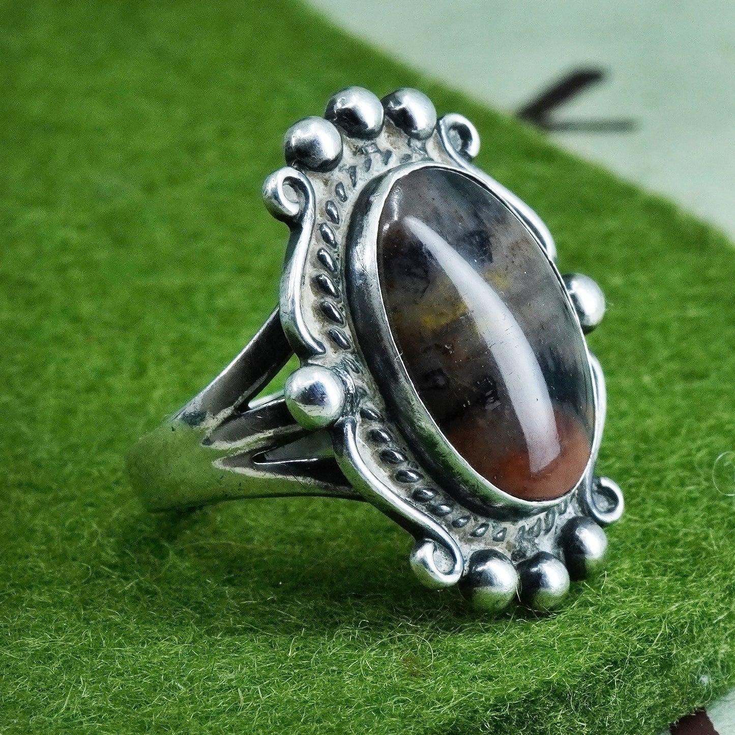 Size 6, Southwestern sterling 925 silver handmade ring with agate and beads