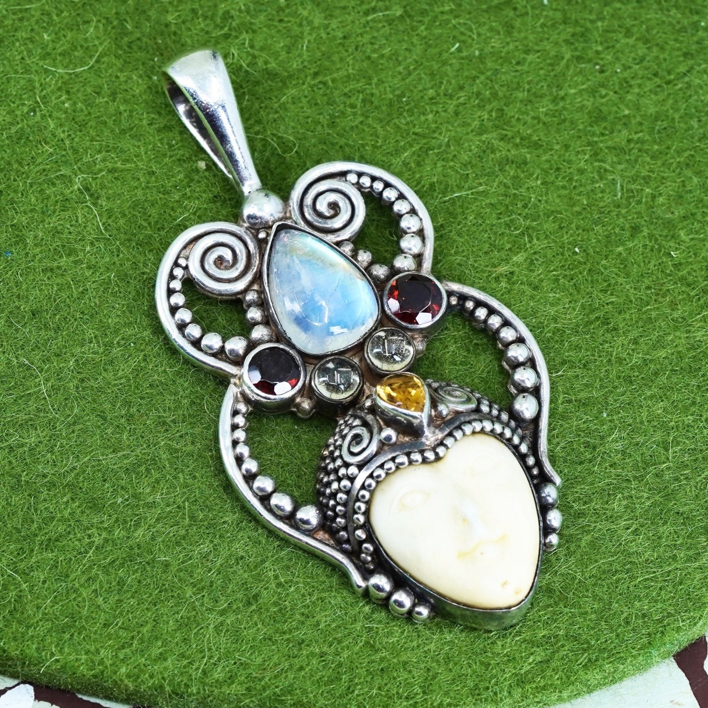sajen Sterling 925 silver carved moonface pendant with moonstone ruby citrine